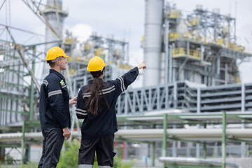 Back view of petroleum engineer  working at oil refinery site