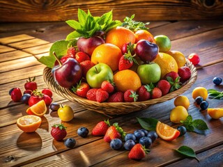 A Vibrant Arrangement Of Fresh Fruits Displayed On A Wooden Tabletop, Casting Colorful Shadows And Inviting A Sweet Aroma.