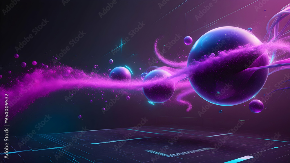 Wall mural Stunning abstract digital artwork depicting bright purple particle streams, futuristic technology and data structures with glowing orbs