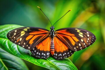 Fototapeta premium A vibrant black and orange butterfly with intricate wing patterns perches delicately on a bright green leaf, showcasing its striking colors and delicate beauty.