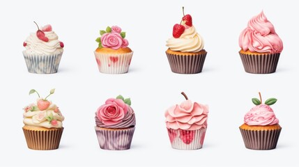 Four cupcakes with pink frosting and hearts on top
