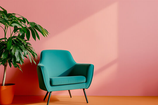 Green armchair on orange wall colorful interior design