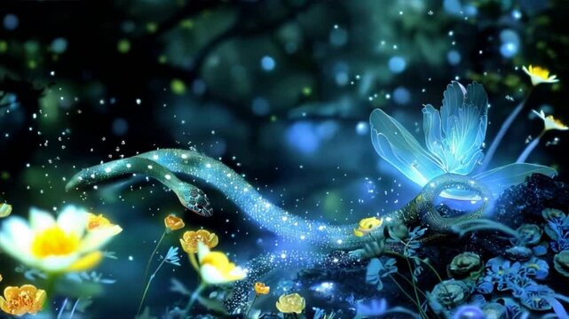 Enchanted Nocturnal Garden: Luminous Serpent's Dance Among Glowing Flowers and Ethereal Blue Lotus in a Magical Forest of Light and Shadow