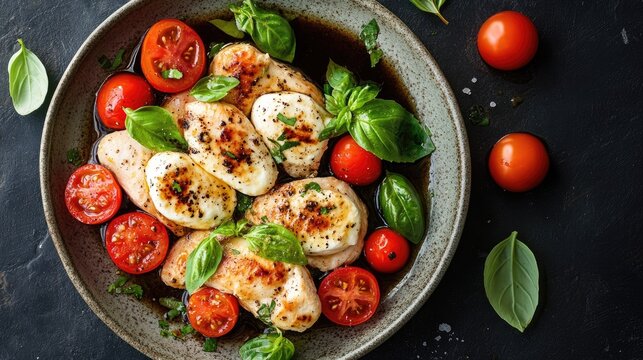 Chicken breast with mozzarella and tomatoes. Perfect for showcasing healthy eating and Italian cuisine.