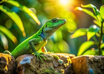 A vibrant green lizard with intricate scales and a long tail perches on a weathered stone wall, surrounded