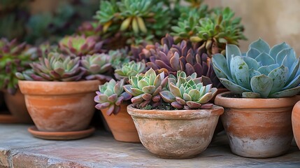 Succulents in Terracotta Pots on Stone Surface