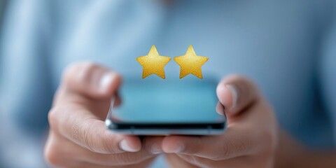 hand holding smartphone and three golden star floating over it, customer review concept