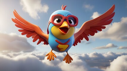 Character: A cute, cartoonish 3D bird. Accessories: The bird is wearing a superhero mask and cape. 