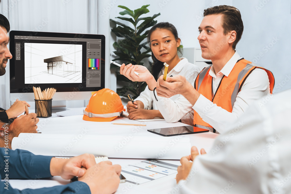 Poster diverse group of civil engineer and client working together on architectural project, reviewing cons