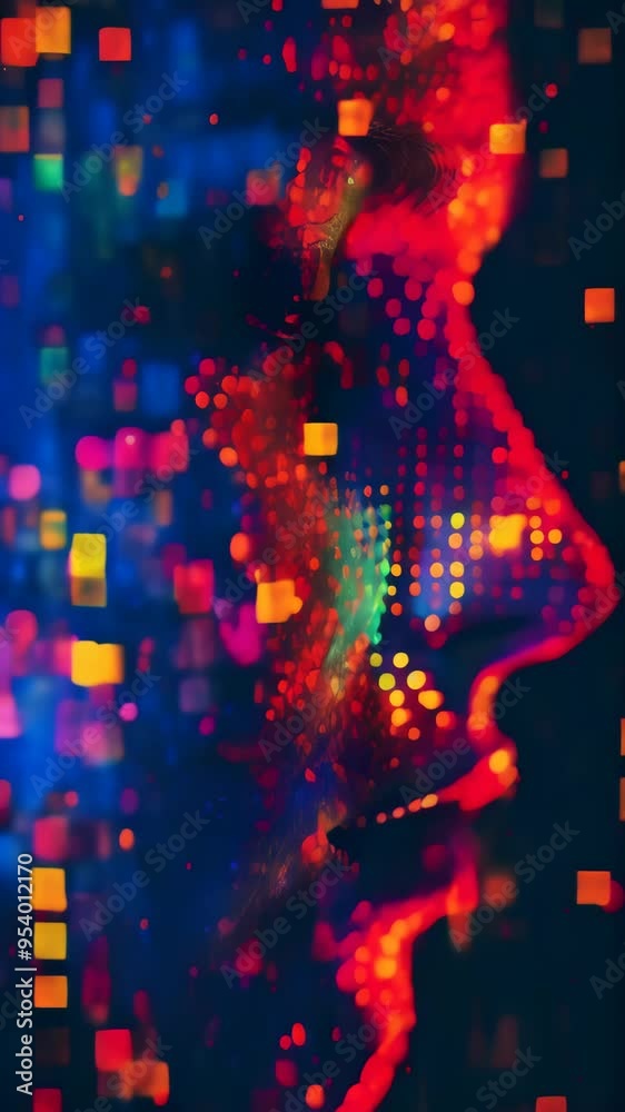 Poster digital abstract art of a human face silhouette composed of colorful light dots and pixelated blocks