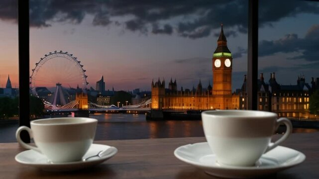 Two Cups of Tea with a View of the London Eye and Big Ben at Sunset