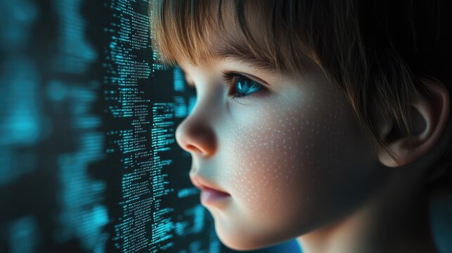 Little child with digital code data overlay, cyberspace and information technology of the future. Ai education and cybersecurity