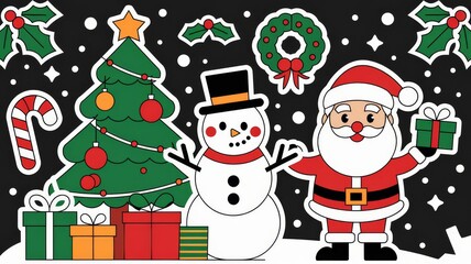 Christmas Stickers Set with Santa, Reindeer, Snowman, Gifts