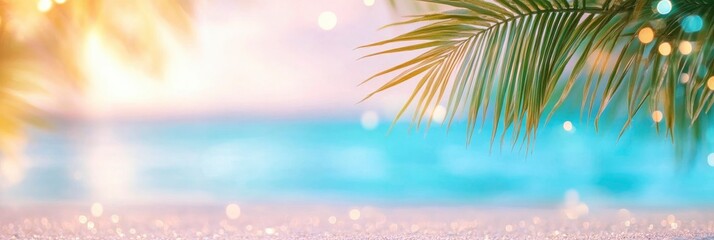 Palm tree and tropical beach in the background of a seascape. bokeh blur of the serene sky and waves. backdrop idea for a summer vacation.