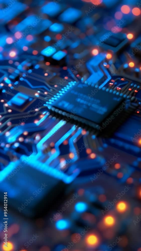 Poster Close-up of a computer microchip on a circuit board with glowing lights, symbolizing advanced technology and innovation.