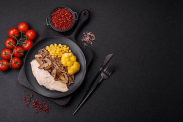 Asian dish with sliced chicken fillet, buckwheat noodles, soy sauce
