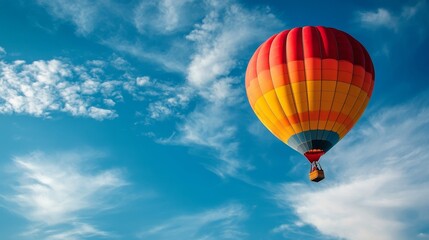 Fototapeta premium A colorful hot air balloon glides through a bright blue sky with fluffy clouds on a serene morning adventure