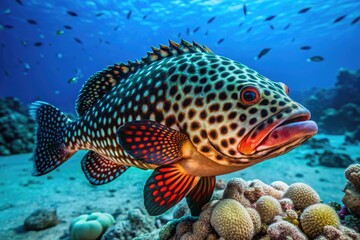 A Vibrant, Tropical Grouper Fish With A Distinct Black Honeycomb Pattern Adorns Its Body, Providing A Stark Contrast Against The Sandy Ocean Floor.