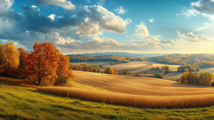 Obraz premium Wonderful landscape during autumn, sunny rural panoramic view. Countryside scenery. Typical autumn colors. Wonderful landscape during fall season, typical orange, brown automn colors. Tranquil scenery