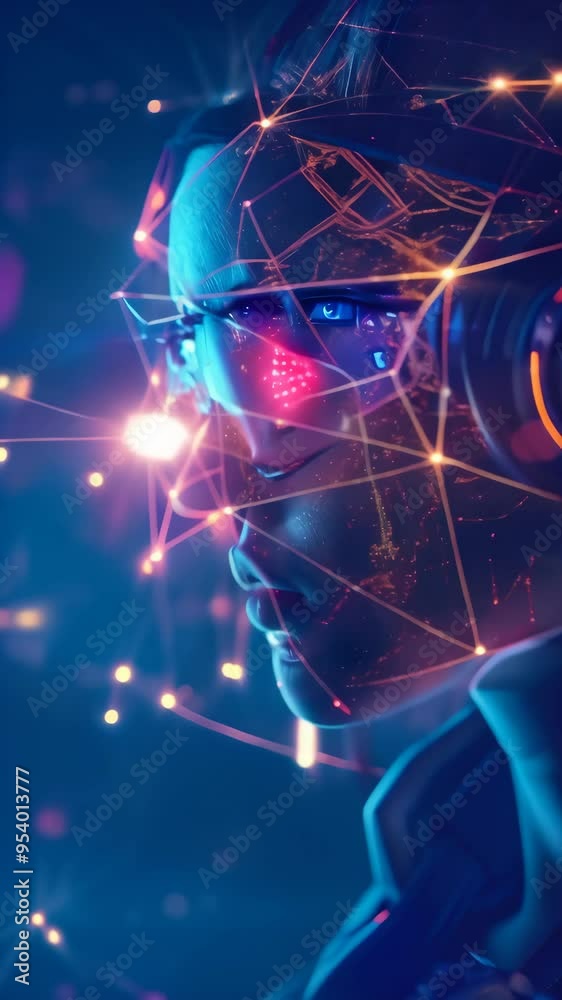 Poster Close-up of a futuristic cyborg face with augmented reality glasses and glowing network connections. Sci-fi concept of AI and technological advancements.