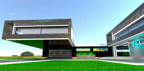 Garage doors under the cantilevered structure of the second floor, which serves as a canopy. Bright summer night. 3D rendering.