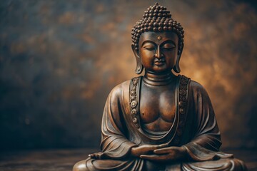  A calming Buddha statue in meditation, set against a dark, moody background, emphasizing spiritual depth, inner peace, and the timelessness of Buddhist teachings. Сopy space