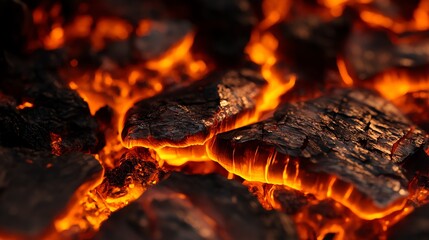 Close up of glowing embers in a fire pit. The embers are glowing red and orange, and the flames are dancing around them.