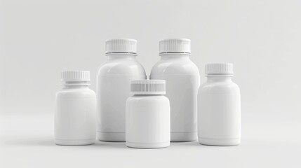 A collection of white bottles on a light background. These clean and minimalist containers are ideal for health products. Perfect for dietary supplements, vitamins, or personal care. AI