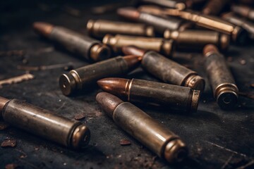 Scattered weathered bullets on a rough surface, highlighting the raw, gritty elements of warfare and ammunition.