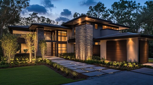 Elegant modern home design with warm golden yellow lighting at dusk