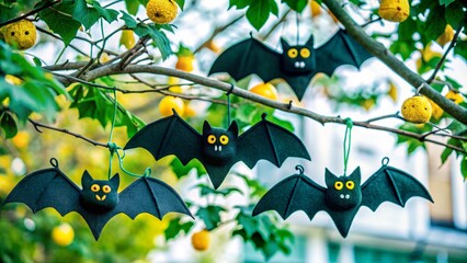 Spooky Halloween Night with Vampire Bats Hanging from Tree Branches for Festive Decorations