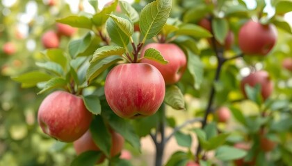 A tree with many red apples hanging from it. The apples are ripe and ready to be picked