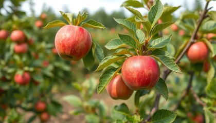 A tree with many apples on it. The apples are red and green. The tree is full of life and color