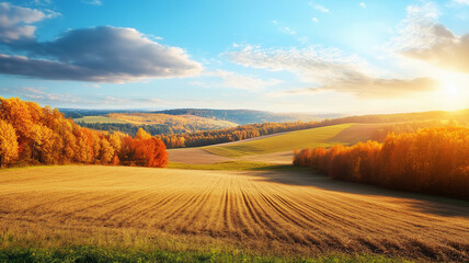 Fototapeta premium Wonderful landscape during autumn, sunny rural panoramic view. Countryside scenery. Typical autumn colors. Wonderful landscape during fall season, typical orange, brown automn colors. Tranquil scenery