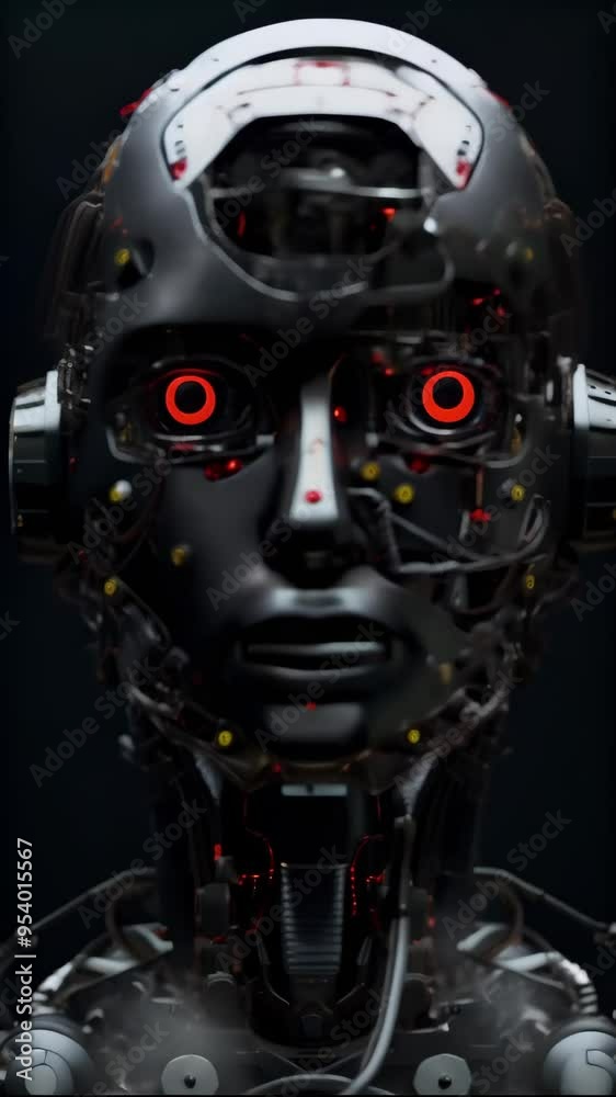 Poster black robotic head with red eyes, revealing internal mechanisms, emphasizing sci-fi and futuristic n