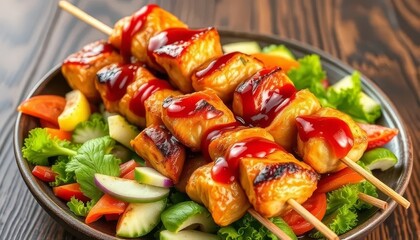 A plate of food with meat and vegetables, including carrots, celery, and broccoli. The meat is marinated and grilled, and the vegetables are fresh and colorful. The plate is set on a wooden table