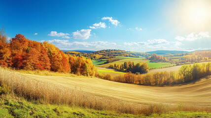 Wonderful landscape during autumn, sunny rural panoramic view. Countryside scenery. Typical autumn colors. Wonderful landscape during fall season, typical orange, brown automn colors. Tranquil scenery