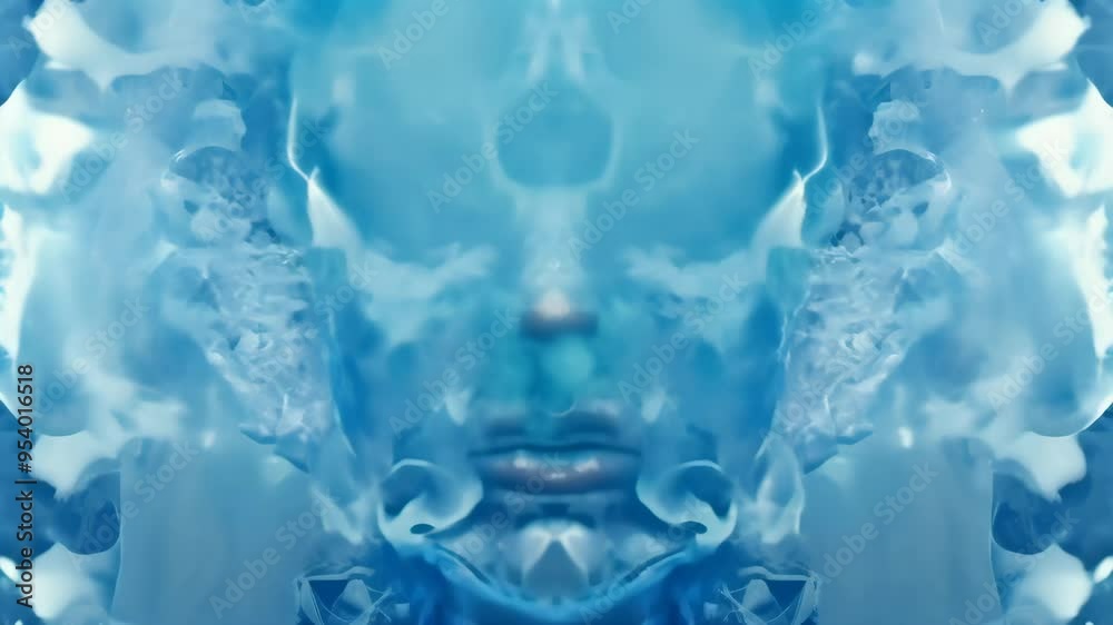 Poster surreal blue face made of smoke-like patterns, representing an ai-generated entity in a dream-like s