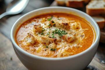 A bowl of tomato soup with croutons and cheese. The soup is perfect for a cold day or a quick meal.