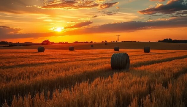 A field of golden wheat with a sun setting in the background