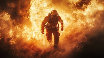 A firefighter walks through a wall of flames, his silhouette illuminated by the intense heat.