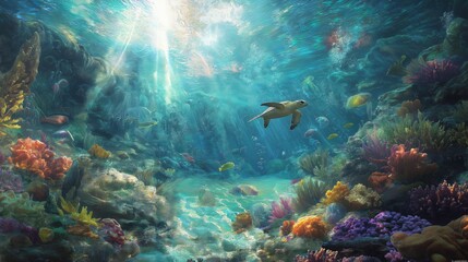 Coral reef and diver. A vibrant and highly detailed underwater scene. Coral reef and fishes