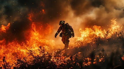 A lone firefighter walks through a raging wildfire, his silhouette illuminated by the flames.