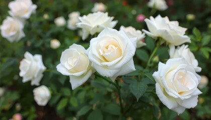 A bunch of white roses are in a garden. The roses are in full bloom and are very pretty