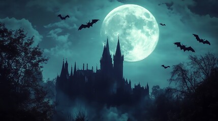 A spooky silhouette of a castle stands tall against a backdrop of a full moon and a starry night sky.