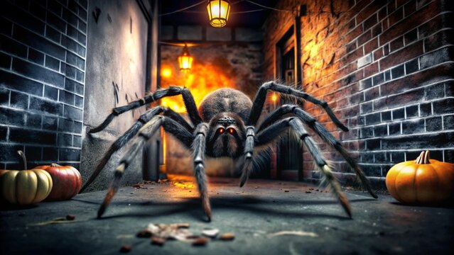 A Creepy Halloween Spider Crawling Out of a Dark Alley Perfect for Spooky-Themed Designs