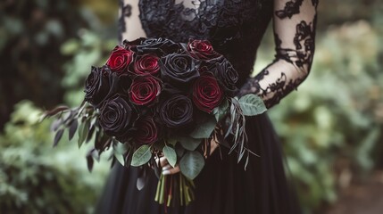 Obraz premium A woman in a black lace dress holds a bouquet of dark red and black roses.