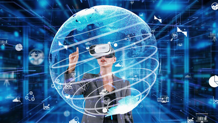 Businesswoman selecting big data dynamic market rotating world analysis monitor by VR future global innovation interface digital infographic network technology visual hologram animation. Contraption.