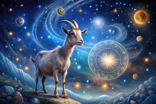 A whimsical illustration of a curious goat gazing up at a starry night sky, surrounded by celestial bodies and astrological symbols, evoking wonder and curiosity.