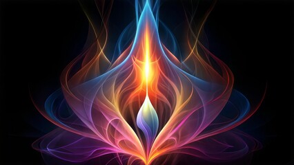 Vibrant mystical flame, abstract art, bright colors, dark background, energy flow